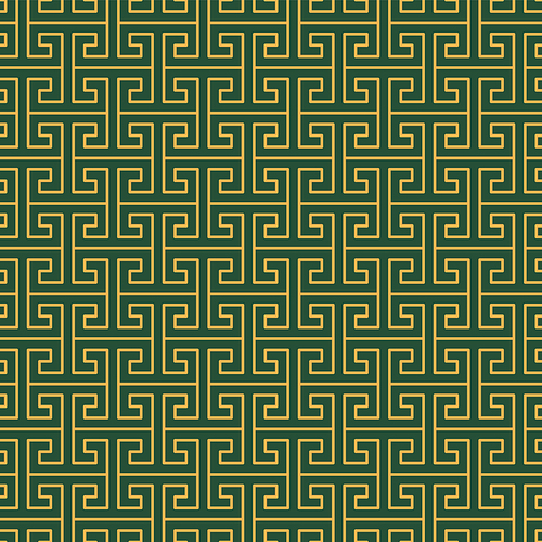 Greek key, fret traditional abstract geometric seamless pattern, gold on green background. Vector illustration. Design concept for textile , packaging, wrapping paper. Line art.