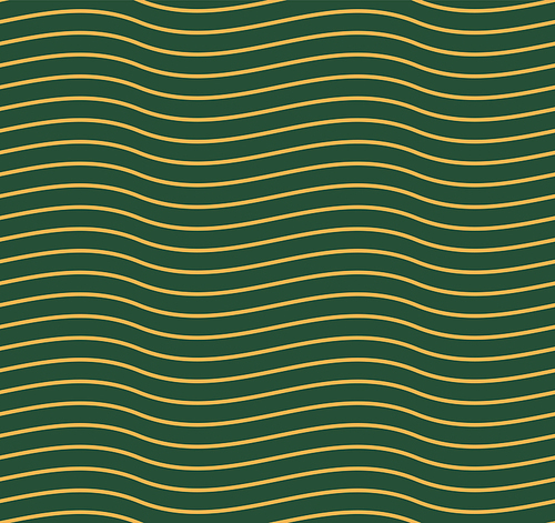 Thin wavy lines abstract geometric seamless pattern, digital texture, gold on green background. Vector illustration. Design concept for minimalist textile , packaging, wrapping paper. Line art.