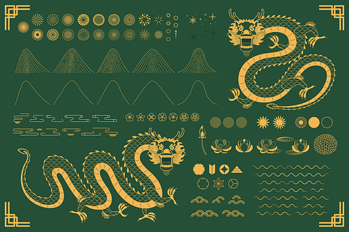 Chinese, Asian dragon traditional oriental gold elements collection, clouds, waves, mountains, fireworks, flowers, sun, stars. Isolated on green. Hand drawn vector illustration. Eastern style line art