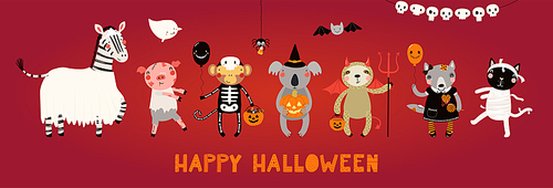 Kids Halloween illustration, cute animals in party costumes, trick or treating. Hand drawn vector. Isolated elements. Scandinavian style flat design. Concept for children , banner, card, invite.