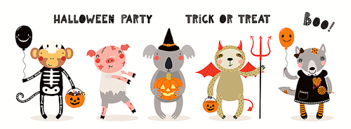 Kids Halloween illustration, cute animals in party costumes, trick or treating. Hand drawn vector. Isolated on white. Scandinavian style flat design. Concept for children , banner, card, invite.