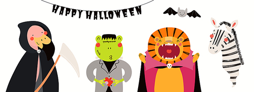 Kids Halloween illustration, cute animals in party costumes, trick or treating. Hand drawn vector. Isolated elements. Scandinavian style flat design. Concept for children , banner, card, invite.