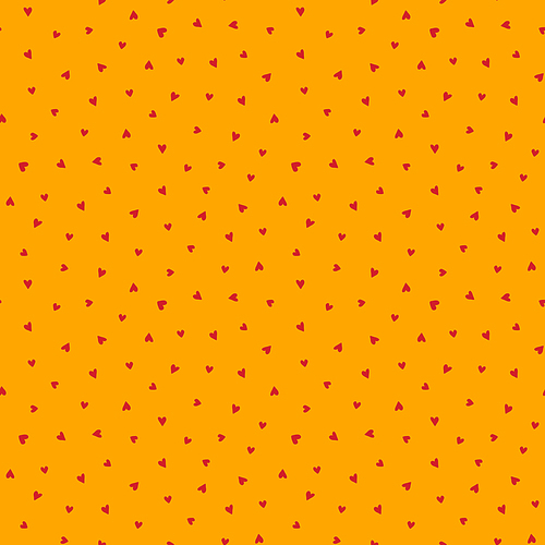 Scattered hearts simple seamless pattern, red on yellow background. Hand drawn vector illustration. Childish texture. Design concept for kids fashion print, textile, fabric, wallpaper, packaging.