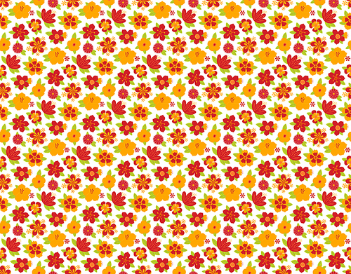 Bright tropical flowers ditsy floral seamless pattern on a white background. Hand drawn vector illustration. Scandinavian style design. Concept for kids textile, fashion , wallpaper, packaging.