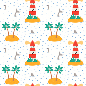 Sea landscape, islands, lighthouse, shark fin, tail nautical seamless pattern on white background. Hand drawn vector illustration. Scandinavian style flat design. Concept kids textile , wallpaper