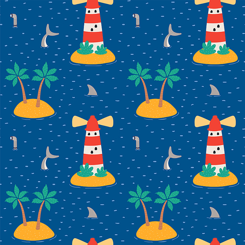 Sea landscape, islands, lighthouse, shark fin, tail nautical seamless pattern on blue background. Hand drawn vector illustration. Scandinavian style flat design. Concept kids textile print, wallpaper