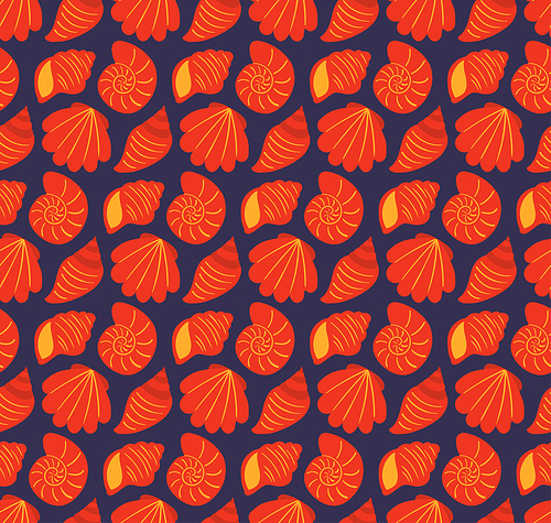Red and yellow sea shells simple nautical seamless pattern on dark blue background. Hand drawn vector illustration. Scandinavian style flat design. Concept for kids textile , wallpaper, packaging