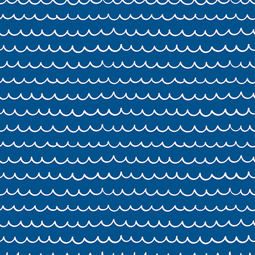 White waves simple childish nautical seamless pattern on blue background. Hand drawn vector illustration. Scandinavian style line drawing. Design concept for kids textile, fashion print, wallpaper