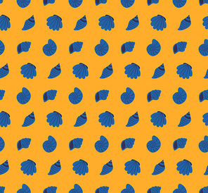 Various blue sea shells simple nautical seamless pattern on yellow background. Hand drawn vector illustration. Scandinavian style flat design. Concept for kids textile print, wallpaper, packaging.