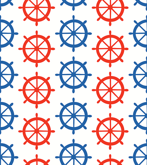 Red and blue ship, boat helms simple nautical seamless pattern on white background. Hand drawn vector illustration. Childish style flat design. Concept for kids sea textile , wallpaper, packaging