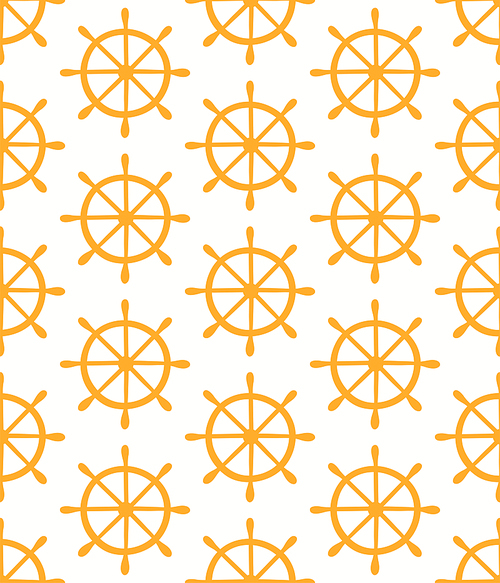 Yellow ship, boat helms simple nautical seamless pattern on white background. Hand drawn vector illustration. Childish style flat design. Concept for kids ocean textile print, wallpaper, packaging.
