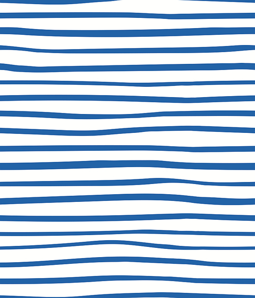 Uneven horizontal stripes simple nautical seamless geometric pattern, blue on white background. Hand drawn vector illustration. Design concept for kids fashion , textile, wallpaper, packaging.