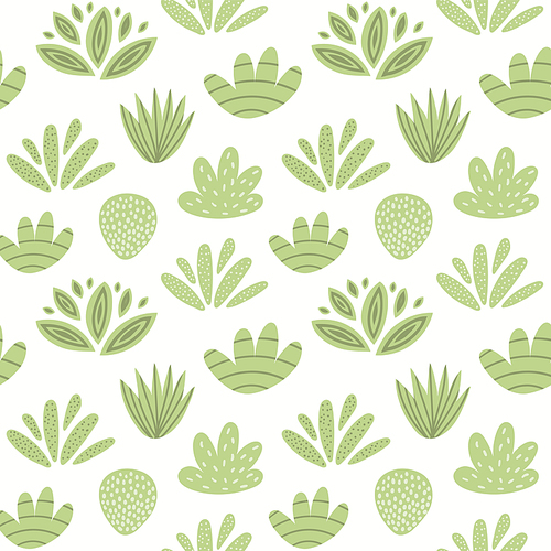 Green plants on white seamless floral pattern. Shrubs, bushes, botanical background. Hand drawn vector illustration. Scandinavian style flat design. Concept for kids textile, fashion , wallpaper.