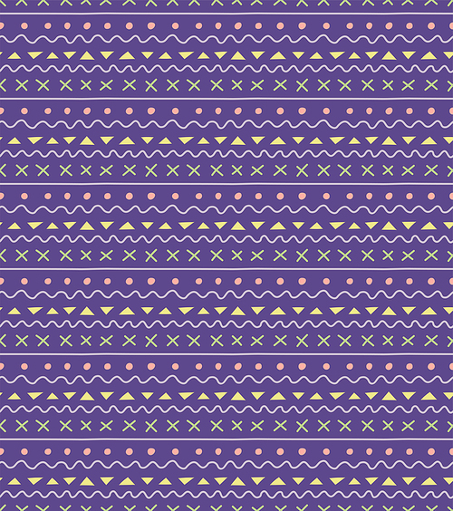 Seamless geometric pattern with dots, stripes, triangles, violet, yellow, green, pink. Hand drawn vector illustration. Scandinavian style flat design. Concept for kid textile , wallpaper, package