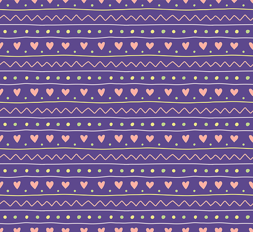 Seamless geometric pattern with dots, stripes, hearts, violet, yellow, green, pink. Hand drawn vector illustration. Scandinavian style flat design. Concept for kids textile print, wallpaper, packaging