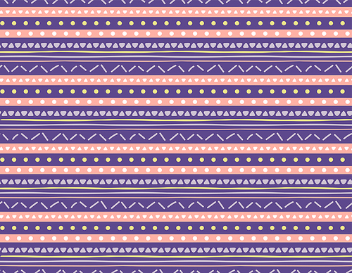 Seamless geometric pattern with dots, stripes, triangles, violet, yellow, pink. Hand drawn vector illustration. Scandinavian style flat design. Concept for kids textile , wallpaper, packaging.