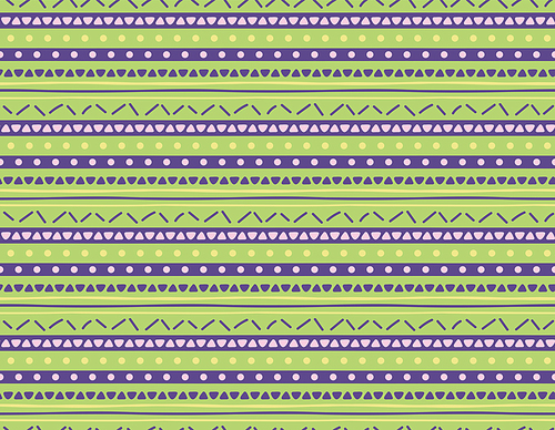 Seamless geometric pattern with dots, stripes, triangles, violet, yellow, green. Hand drawn vector illustration. Scandinavian style flat design. Concept for kids textile , wallpaper, packaging.