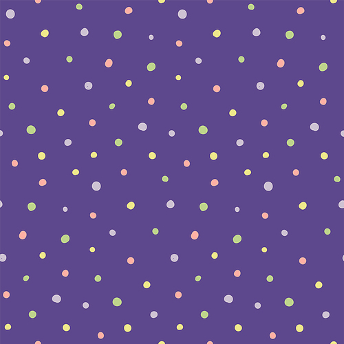 Seamless geometric pattern with pink, yellow, green polka dots on violet background. Hand drawn vector illustration. Scandinavian style flat design. Concept kids textile , wallpaper, packaging.