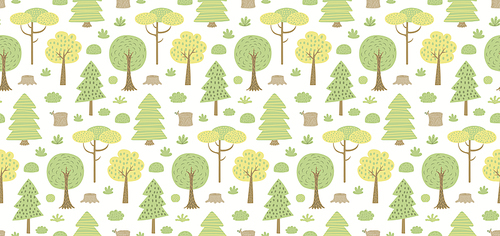 Woodland landscape with trees, shrubs, seamless pattern, on a white background. Hand drawn vector illustration. Scandinavian style flat design. Concept for kids woodland textile, wallpaper, packaging.