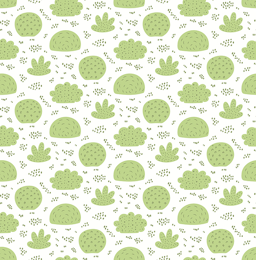 Shrubs, bushes, grass seamless pattern on a white background. Hand drawn vector illustration. Scandinavian style flat design. Concept for kids woodland textile, fashion print, wallpaper, packaging.