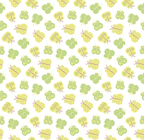Pastel butterflies seamless pattern, green, yellow on white background. Hand drawn vector illustration. Scandinavian style design. Concept for kids textile, fashion , wallpaper, package.