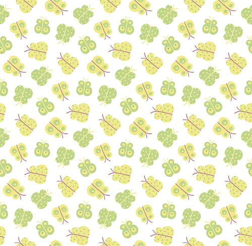 Pastel butterflies seamless pattern, green, yellow on white background. Hand drawn vector illustration. Scandinavian style design. Concept for kids textile, fashion , wallpaper, package.