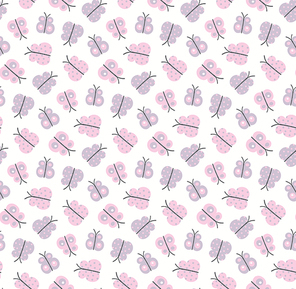 Pastel butterflies seamless pattern, pink, violet on white background. Hand drawn vector illustration. Scandinavian style design. Concept for kids textile, fashion print, wallpaper, package.