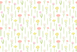 Flower meadow floral pastel seamless pattern on a white background. Hand drawn vector illustration. Scandinavian style design. Concept for kids textile, fashion , wallpaper, packaging.