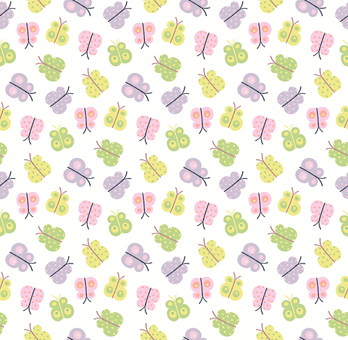 Pastel butterflies seamless pattern, multicolor on white background. Hand drawn vector illustration. Scandinavian style design. Concept for kids textile, fashion , wallpaper, packaging.