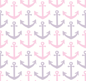 Pink, violet anchors nautical seamless pattern on white background. Hand drawn vector illustration. Scandinavian style flat design. Concept for kids fashion print, textile, wallpaper, packaging.