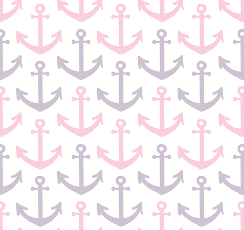 Pink, violet anchors nautical seamless pattern on white background. Hand drawn vector illustration. Scandinavian style flat design. Concept for kids fashion print, textile, wallpaper, packaging.
