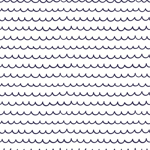 Blue waves simple nautical seamless pattern on white background. Hand drawn vector illustration. Scandinavian style line drawing. Design concept for kids fashion , textile, wallpaper, packaging.