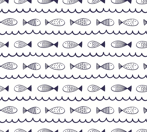 Blue waves, fish simple nautical seamless pattern on white background. Hand drawn Scandinavian style vector illustration. Line art. Design concept for kids fashion , textile, wallpaper, packaging