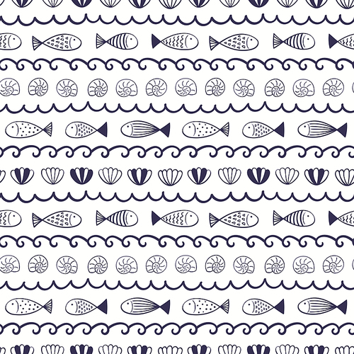 Blue waves, fish, seashells simple nautical seamless pattern on white background. Hand drawn Scandinavian style vector illustration. Line art. Design concept for kids fashion , textile, wallpaper