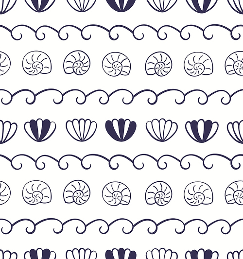 Blue waves, seashells simple nautical seamless pattern on white background. Hand drawn Scandinavian style vector illustration. Line art. Design concept for kids fashion , textile, wallpaper