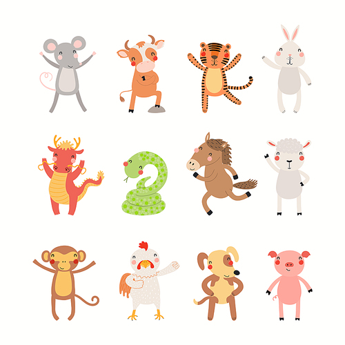 Twelve animals of Chinese zodiac, cute cartoon Asian astrological signs collection, isolated on white. Hand drawn vector illustration. Flat style design. New Year card, banner, horoscope element.