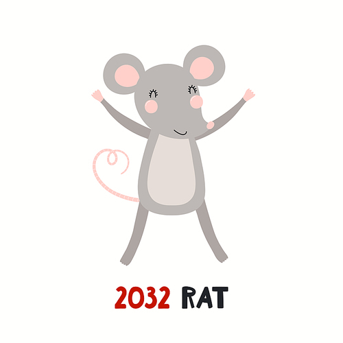 Cute cartoon rat, Asian zodiac sign, astrological symbol, isolated on white. Hand drawn vector illustration. Flat style design. 2032 Chinese New Year card, banner, poster, horoscope element.