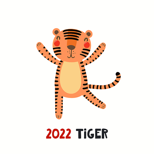 Cute cartoon tiger, Asian zodiac sign, astrological symbol, isolated on white. Hand drawn vector illustration. Flat style design. 2022 Chinese New Year card, banner, poster, horoscope element.