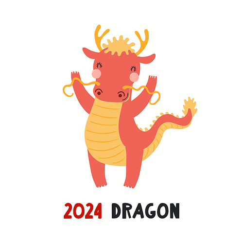 Cute cartoon dragon, Asian zodiac sign, astrological symbol, isolated on white. Hand drawn vector illustration. Flat style design. 2024 Chinese New Year card, banner, poster, horoscope element.