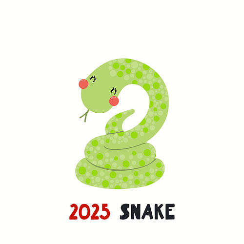 Cute cartoon snake, Asian zodiac sign, astrological symbol, isolated on white. Hand drawn vector illustration. Flat style design. 2025 Chinese New Year card, banner, poster, horoscope element.