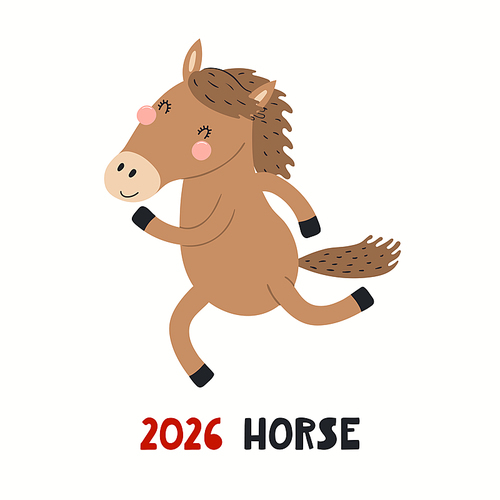 Cute cartoon horse, Asian zodiac sign, astrological symbol, isolated on white. Hand drawn vector illustration. Flat style design. 2026 Chinese New Year card, banner, poster, horoscope element.