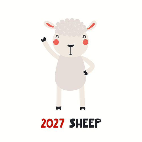 Cute cartoon sheep, Asian zodiac sign, astrological symbol, isolated on white. Hand drawn vector illustration. Flat style design. 2027 Chinese New Year card, banner, poster, horoscope element.