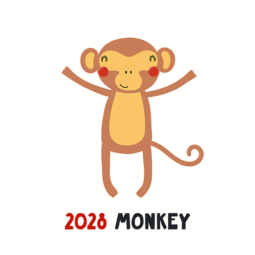 Cute cartoon monkey, Asian zodiac sign, astrological symbol, isolated on white. Hand drawn vector illustration. Flat style design. 2028 Chinese New Year card, banner, poster, horoscope element.