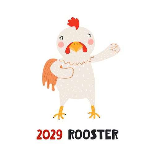 Cute cartoon rooster, Asian zodiac sign, astrological symbol, isolated on white. Hand drawn vector illustration. Flat style design. 2029 Chinese New Year card, banner, poster, horoscope element.