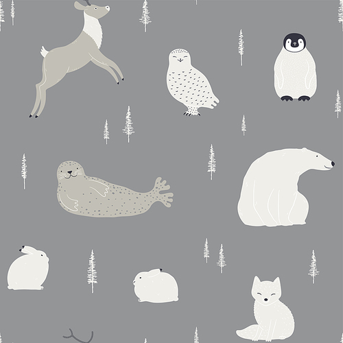 Cute polar animals, winter trees seamless pattern on gray background. Hand drawn vector illustration. Arctic, Antarctic wildlife. Design concept for kids textile, fashion , wallpaper, packaging.