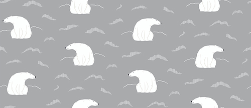 Cute polar bears, northern lights, winter seamless pattern on gray background. Hand drawn vector illustration. Arctic wildlife. Design concept for kids textile, fashion , wallpaper, packaging.