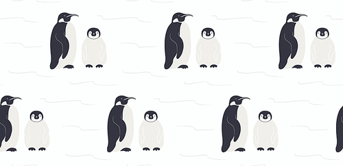 Cute emperor penguin with chick winter seamless pattern on white background. Hand drawn vector illustration. Antarctic wildlife. Design concept for kids textile, fashion print, wallpaper, packaging.