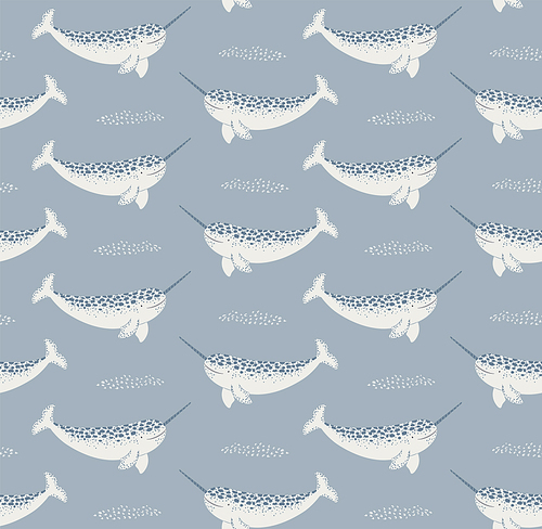 Cute cartoon narwhals winter seamless pattern on blue background. Hand drawn vector illustration. Arctic, polar wildlife. Design concept for kids textile, fashion , wallpaper, packaging.