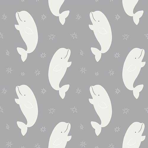 Cute cartoon beluga whales, stars, winter seamless pattern on gray background. Hand drawn vector illustration. Arctic wildlife. Design concept for kids textile, fashion , wallpaper, packaging.