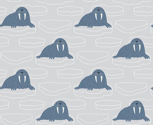 Cute cartoon walrus, ice floes, winter seamless pattern on gray background. Hand drawn vector illustration. Arctic wildlife. Design concept for kids textile, fashion , wallpaper, packaging.